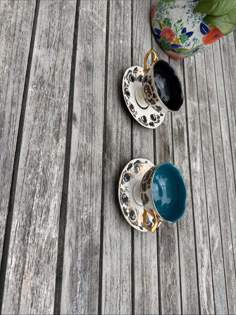 Anthropologie Teal and Black Floral Gold-Handled Mugs with Saucers